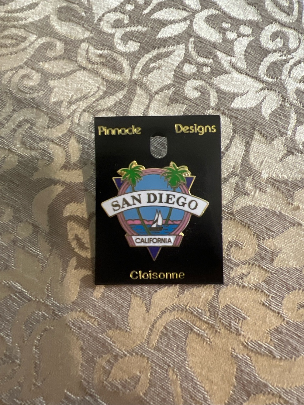 San Diego California Pin - Sail Boat - Palm Trees - Ocean Pink Trim Vacation
